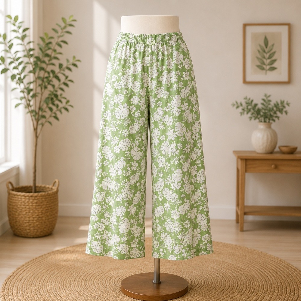 NEW Cuddl Duds Wide Leg Lounge Pants Small Green Tropical Pineapple Ribbed